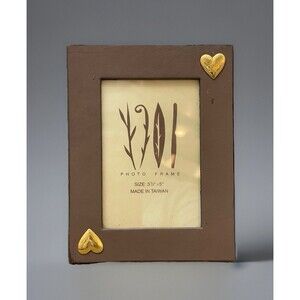 Vintage Brown Wood-Look Frame W Appliqué Metal Hearts 6.5" x 5" - Made in Taiwan